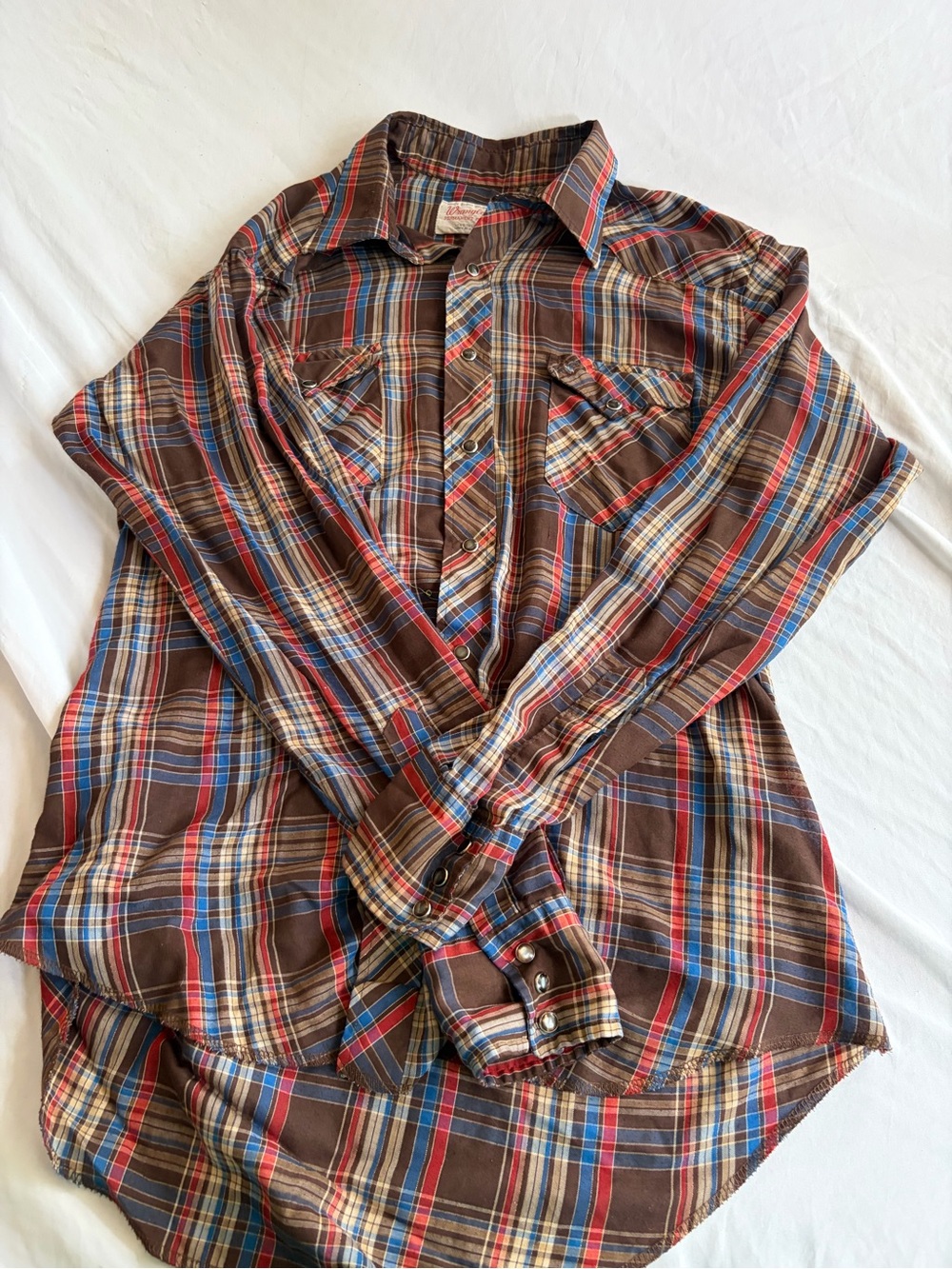 Vintage Wrangler Western Shirt Mens 17/35 Plaid Pearl Snap Long Sleeve Cowboy
